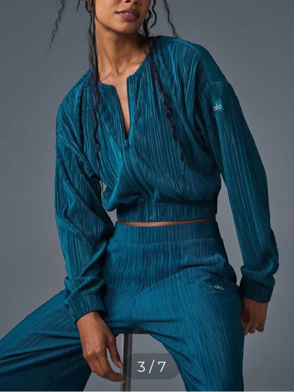 ALO Yoga Teal Striped Track Pants & Cropped Zip Pullover Set